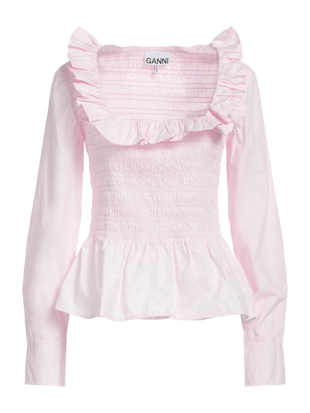 Ganni Light Pink Smocked Ruffle Long-Sleeve Blouse